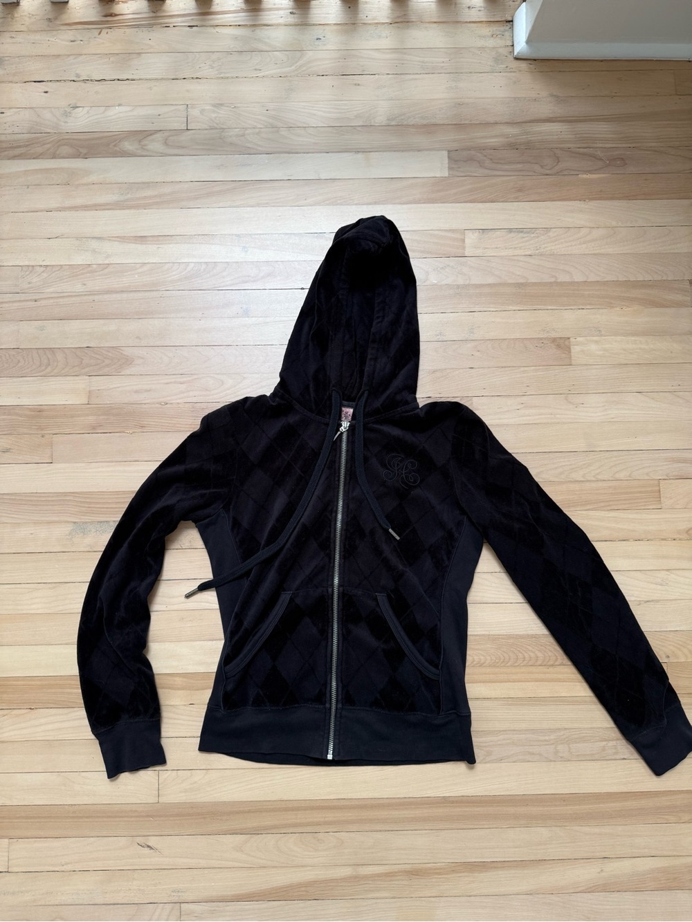 Juicy Couture Black Velour Zip Hoodie with Embroidered Monogram